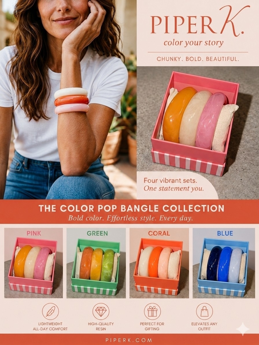 PiperK Color Pop Bangle Set — Pink Or Green, Pick 1, NWT In Box